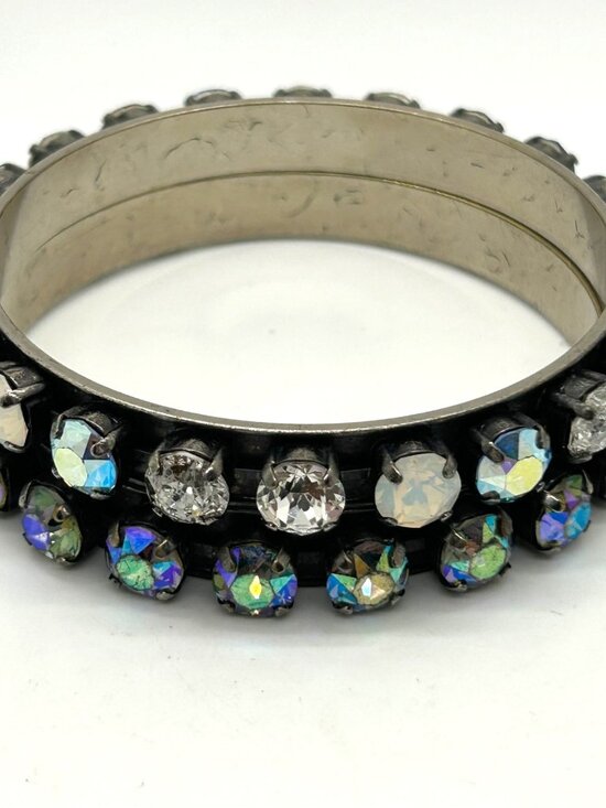Set of Vintage Aurora Borealis Rhinestone Bangle Set of 2 Black Finish 7.5 inch - Picture 1 of 16
